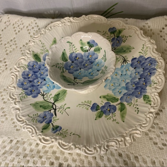 Italian pottery serving plate hand painted hydrangea art nouveau swirl edge - Picture 2 of 8